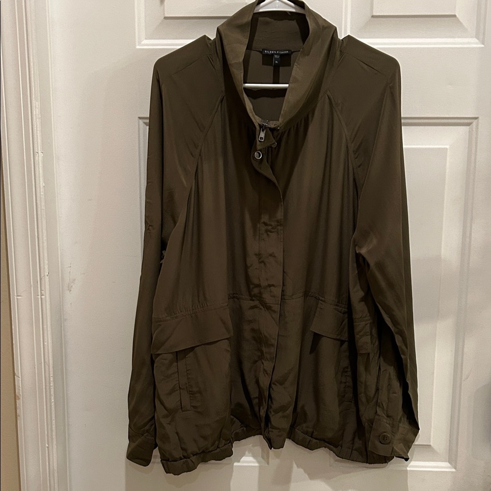 Eileen Fisher Olive Utility 100% Silk Jacket